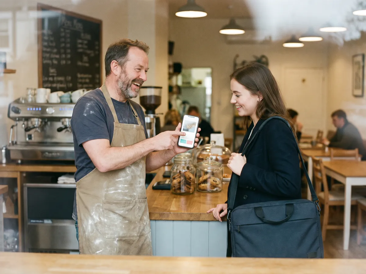 A café owner laughs as he looks at his phone, beside a young woman with a laptop bag