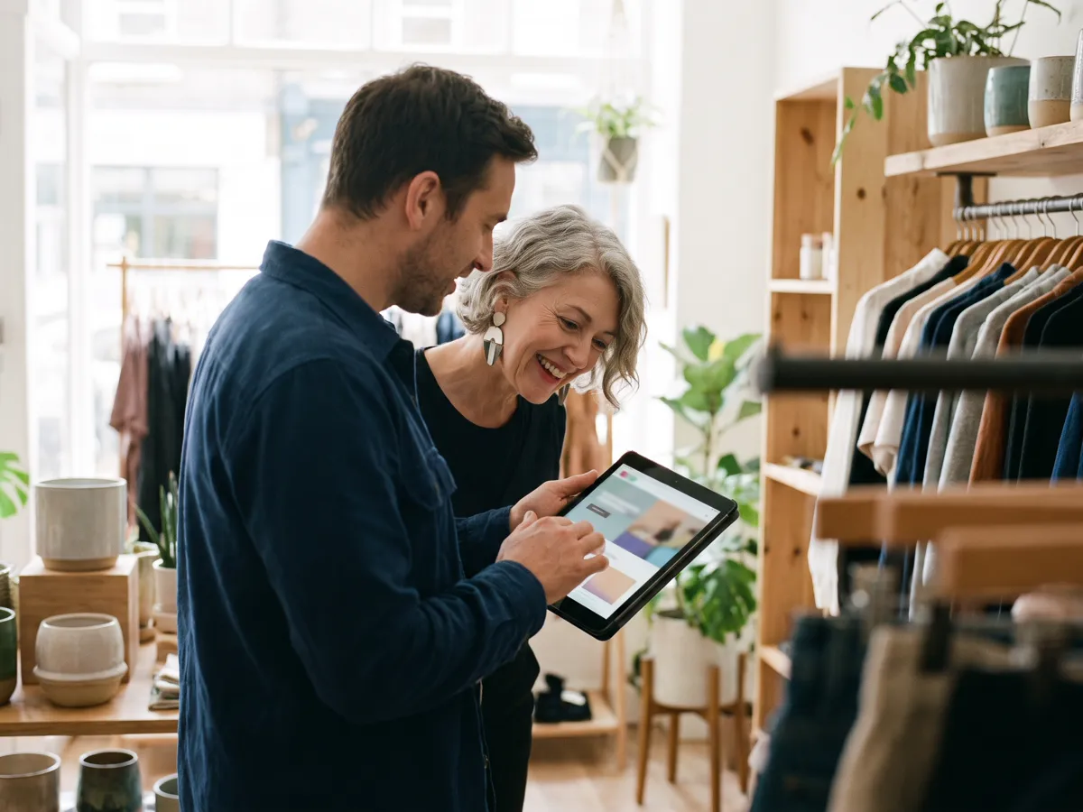 In a small clothing boutique, a young man shows the owner a website on a tablet and she smiles in delight.