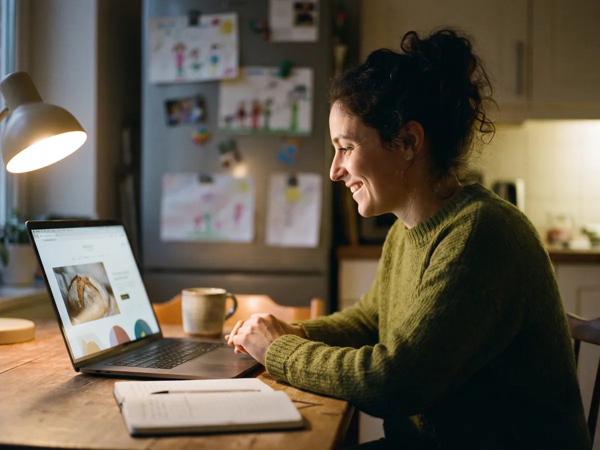 A woman at her kitchen table in the evening smiles at a bakery website on her laptop, a mug of tea beside her.