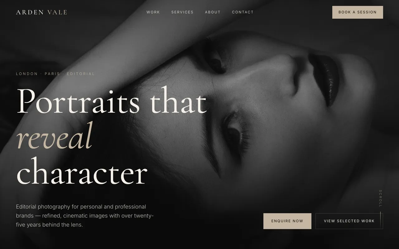 Arden Vale photography website: a black-and-white portrait and 'Portraits that reveal character.'
