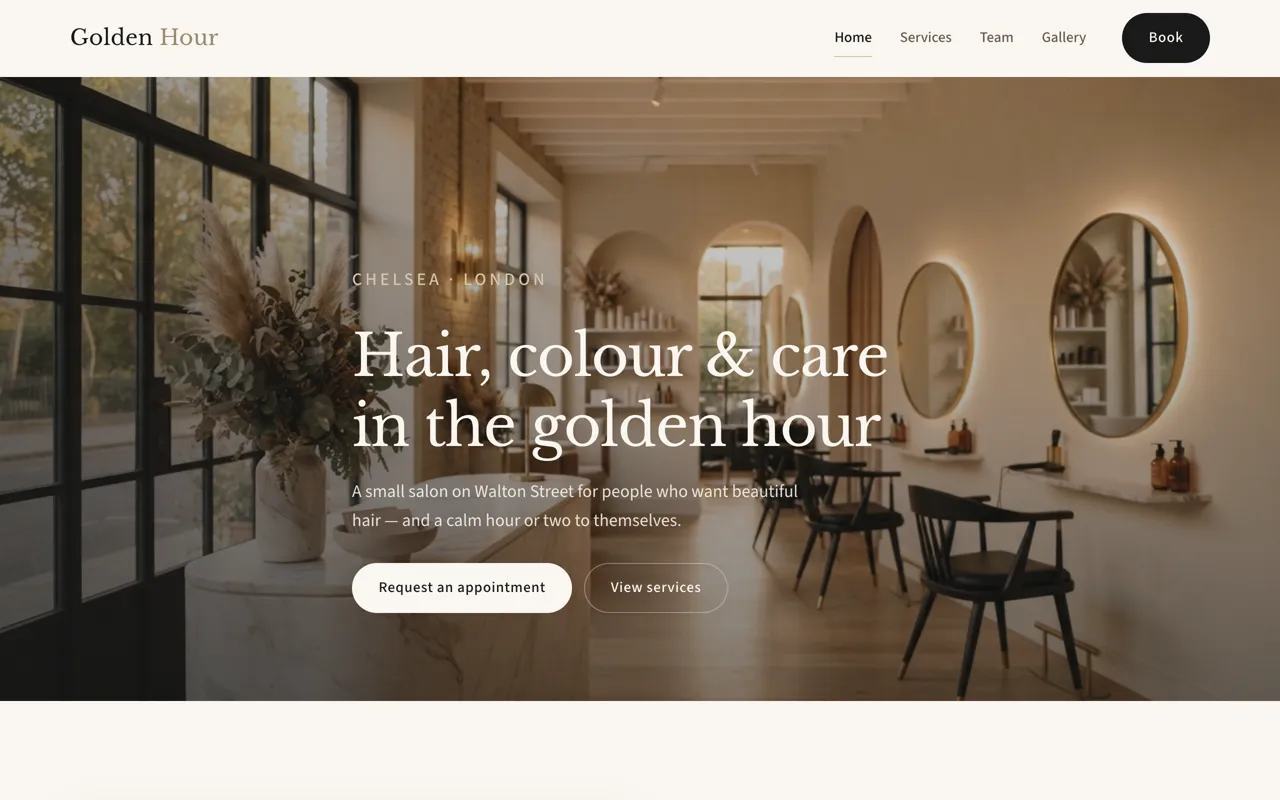 Golden Hour salon website: a softly lit salon interior and 'Hair, colour & care in the golden hour.'