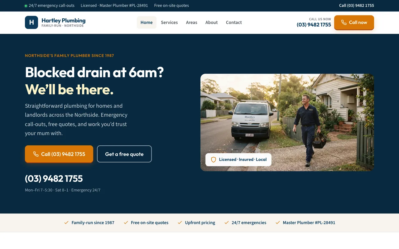 Hartley Plumbing website: navy and orange, a big call button and 'Blocked drain at 6am? We'll be there.'
