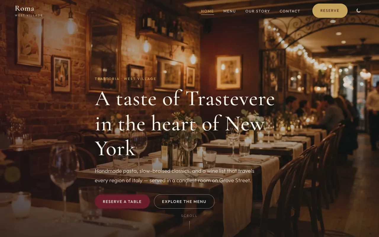 Roma restaurant website: a candlelit dining room and 'A taste of Trastevere in the heart of New York.'