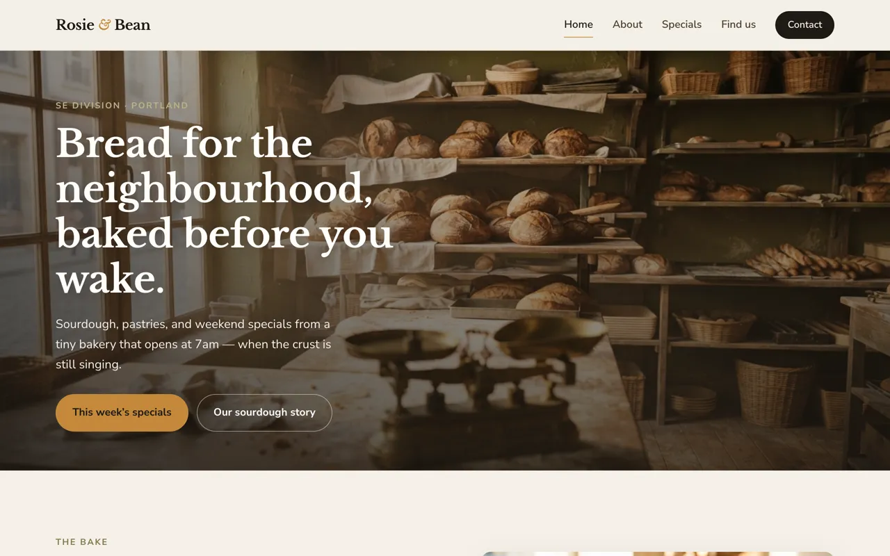 Rosie & Bean bakery website: warm photo of bread on shelves and the line 'Bread for the neighbourhood, baked before you wake.'