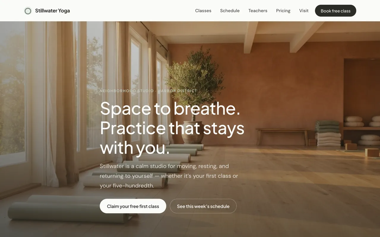 Stillwater Yoga website: a calm sunlit studio and 'Space to breathe. Practice that stays with you.'