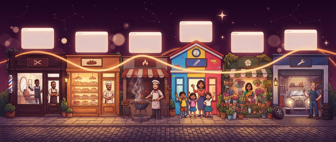 An illustrated street of small shops (a barbershop, a bakery, a grill, a school, a flower stall and a garage), each with its own glowing website floating above it, joined by a ribbon of golden light.