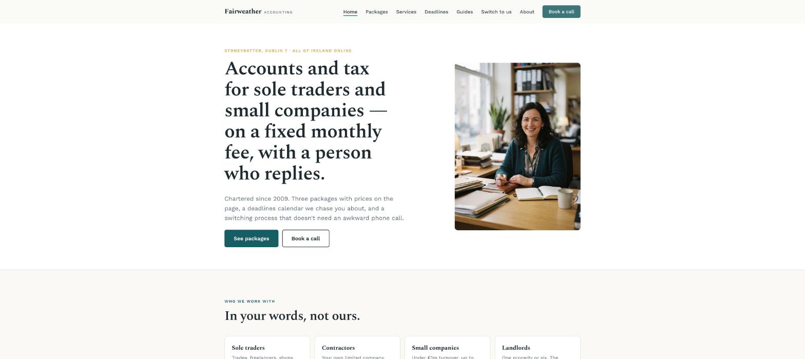 Fairweather Accounting homepage: a tidy portrait beside the headline about accounting for sole traders and small companies in Dublin, three package cards with prices, and a Book a call button