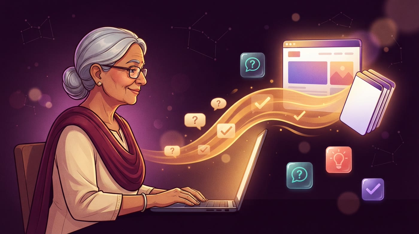 Illustration: a woman in her sixties wrapped in a maroon shawl reads at her laptop as question bubbles around her turn into ticks.