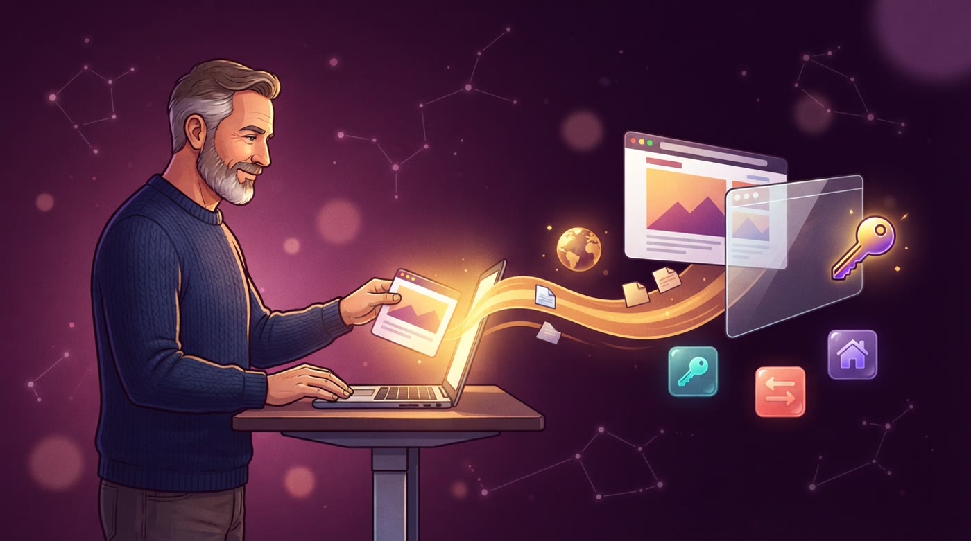 Illustration: a bearded man in a navy sweater slides a website card from his laptop into a glass panel, with a golden key and a small globe floating alongside