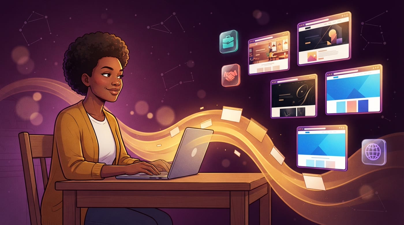 Illustration: a woman in a mustard cardigan at her kitchen table sends website cards from her laptop into a wall of client websites.