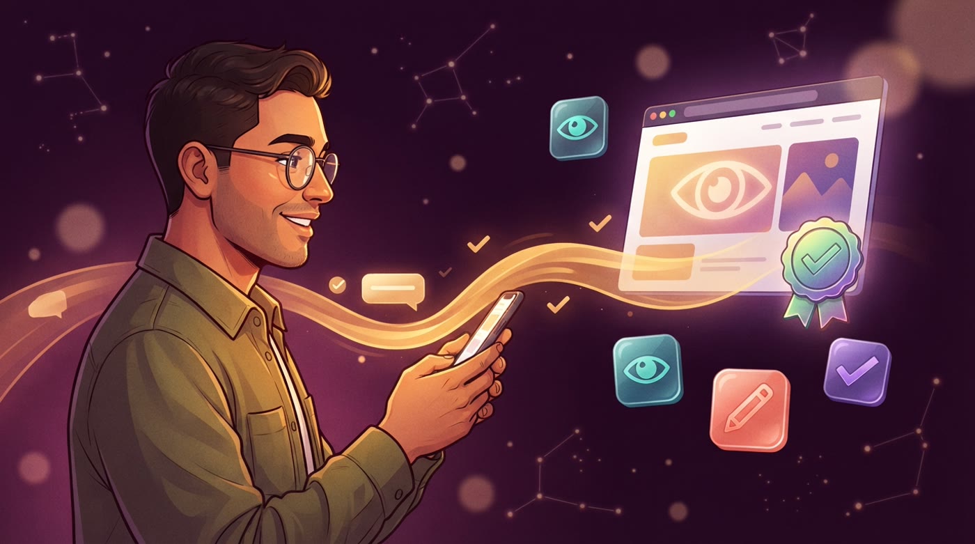 Illustration: a man with glasses holds up a phone showing a website draft, with a watchful eye and a golden approval seal floating beside it.