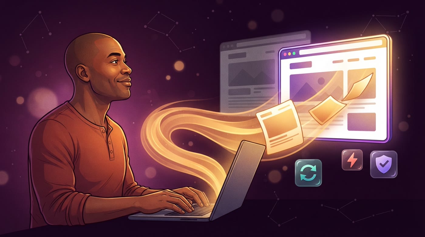 Illustration: a man in a rust henley stands in front of a bright, new website, with a faded grey old website behind it.