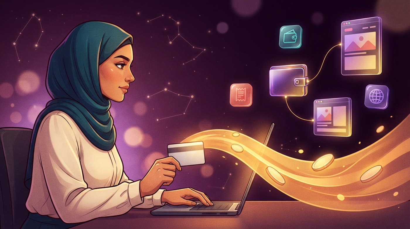 Illustration: a woman in a teal hijab taps a card to pay, and two wallets are linked to two different websites.