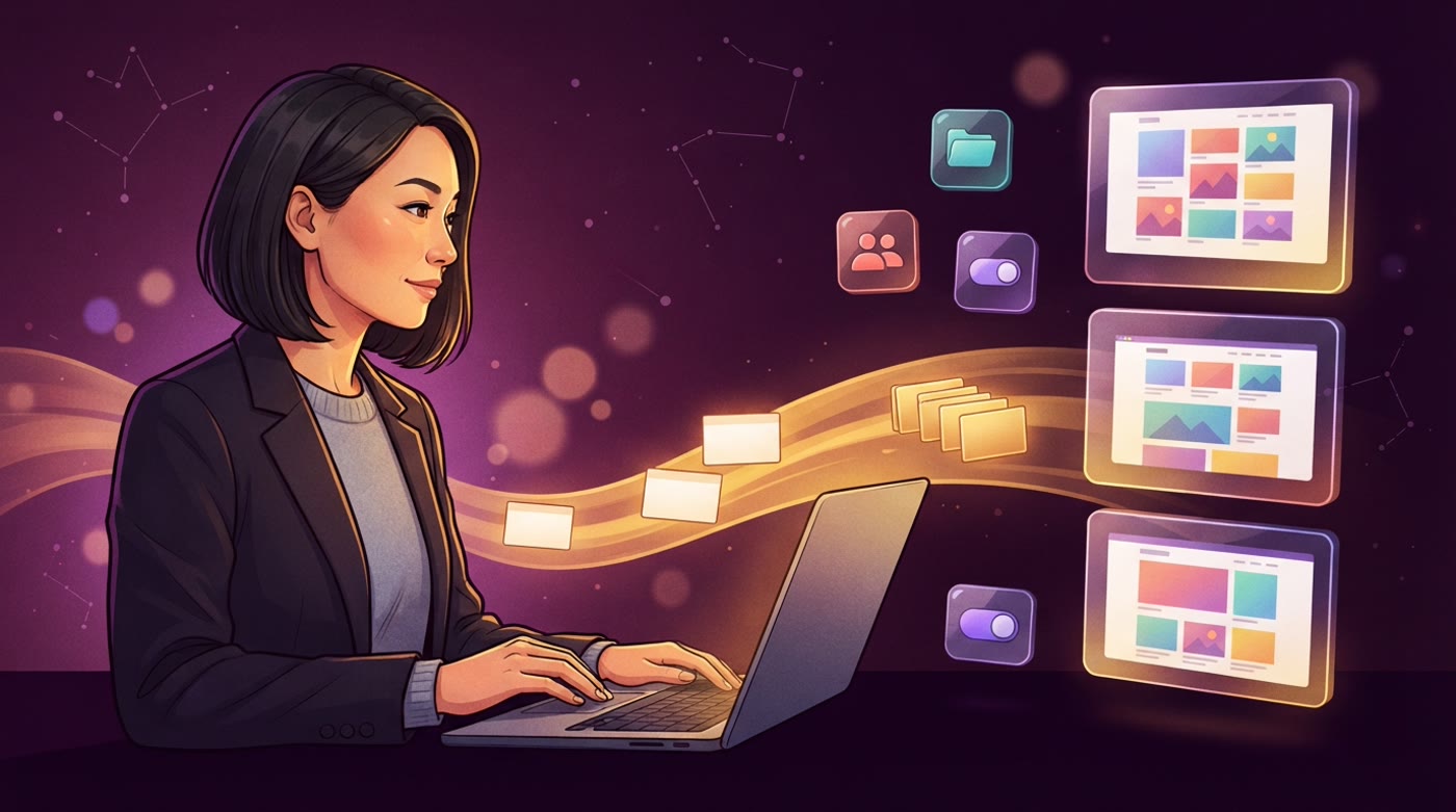 Illustration: a woman in a blazer works at her laptop while website cards stream out of it and file neatly into glowing drawers