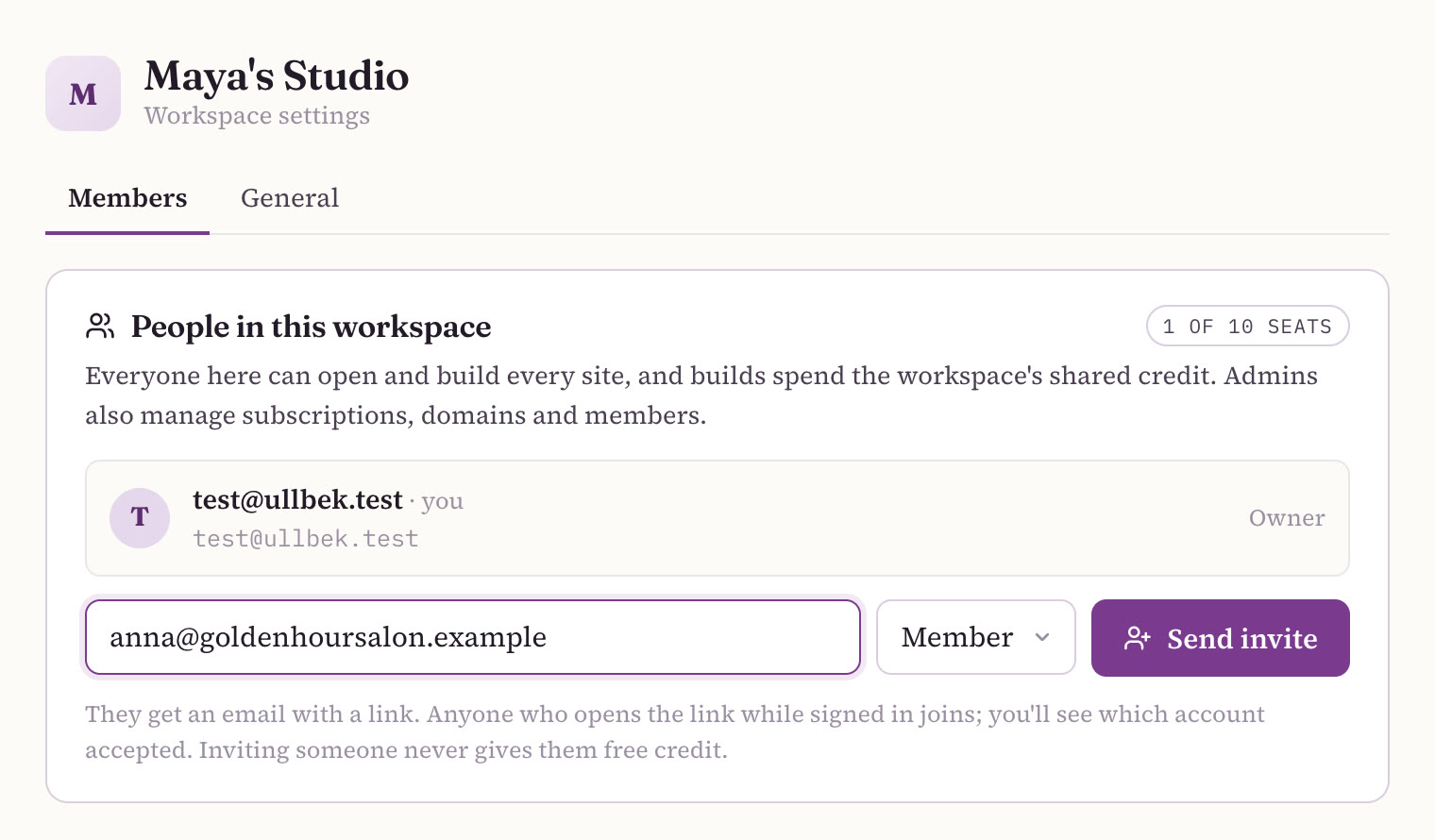 Workspace settings for Maya's Studio, Members tab. People in this workspace: 1 of 10 seats. An invite row with an email field, a Member role menu and a Send invite button. A note says inviting someone never gives them free credit.