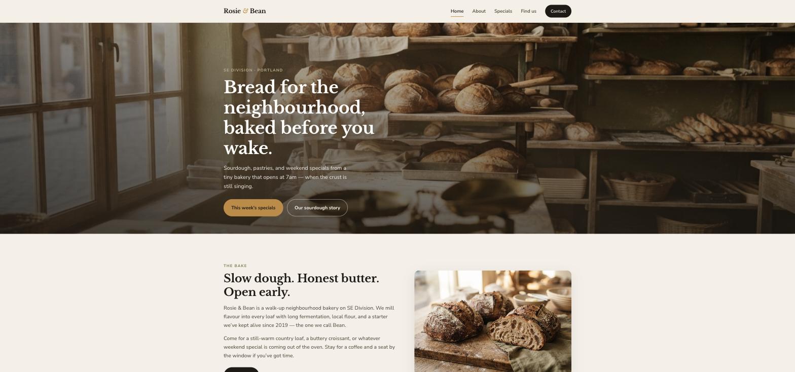 Rosie & Bean homepage: shelves of sourdough loaves behind the headline 'Bread for the neighbourhood, baked before you wake.' with This week's specials and Our sourdough story buttons
