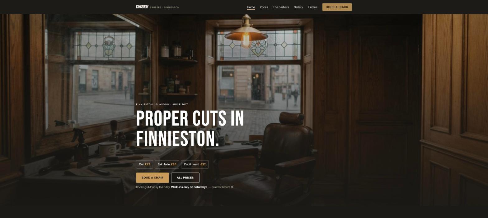 Kingsway Barbers homepage: a moody shot of a leather barber chair under a pendant light, the headline about proper cuts in Finnieston, prices at a glance and a Book a chair button