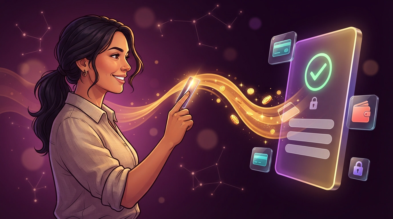 A small-business owner tapping a glowing bank card, a golden stream of coins flowing into a checkout panel with a green checkmark
