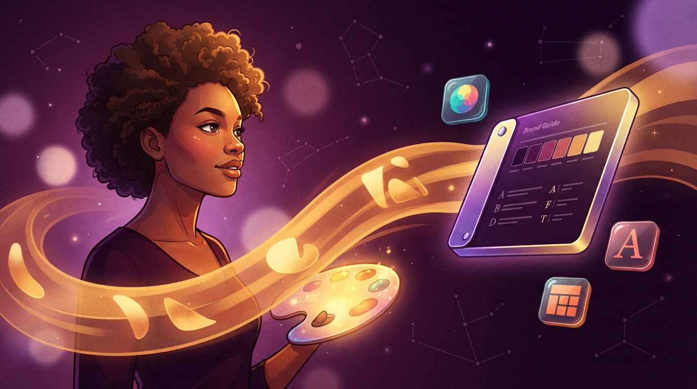Woman holding glowing palette with a brand style guide