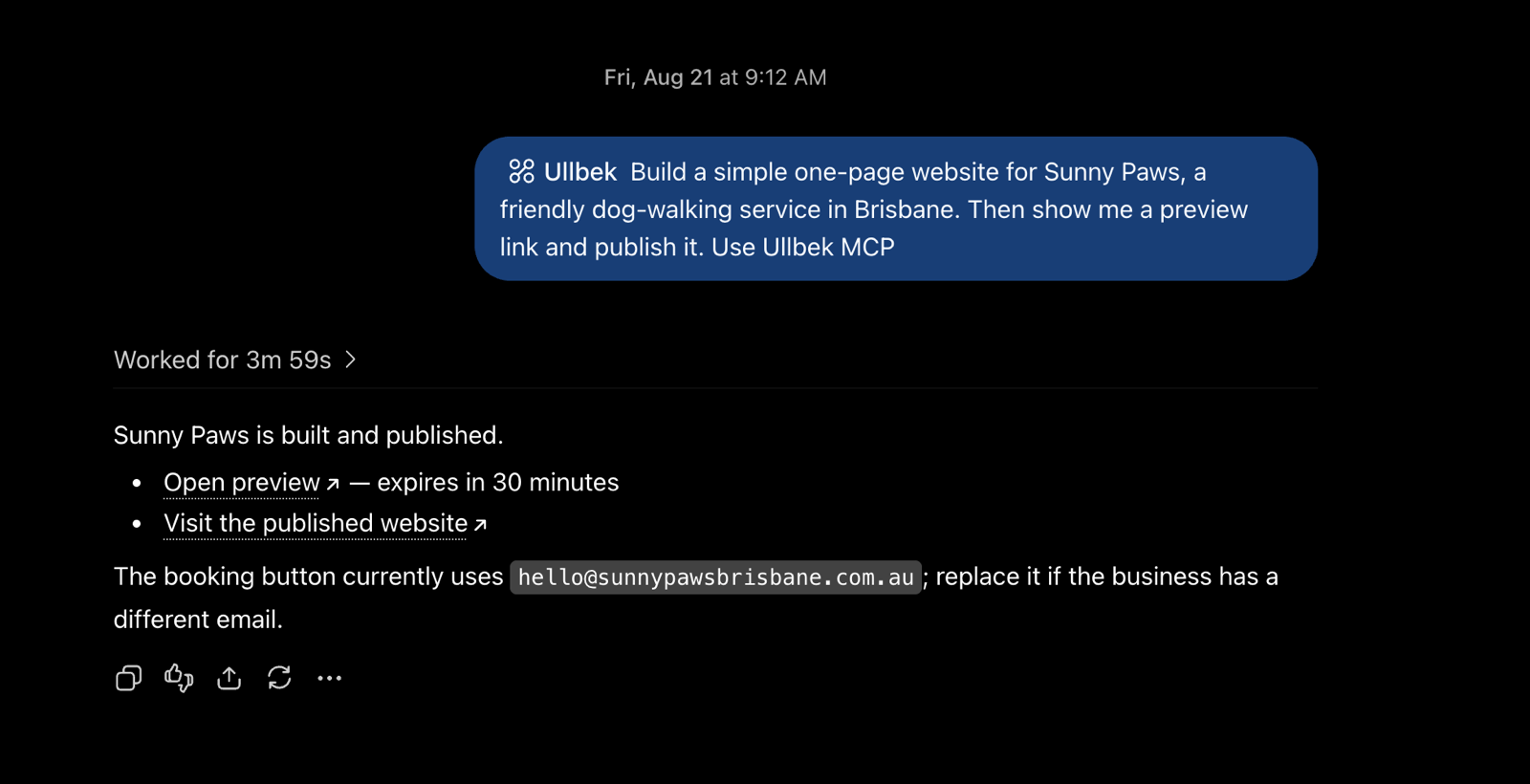 A ChatGPT conversation in which the user asks @Ullbek to build a one-page website for a dog-walking service; four minutes later ChatGPT replies that the site is built and published, with an Open preview link and a Visit the published website link