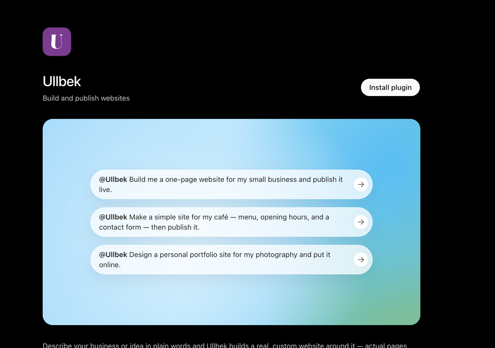 The Ullbek plugin page in ChatGPT with the Install plugin button and three example prompts