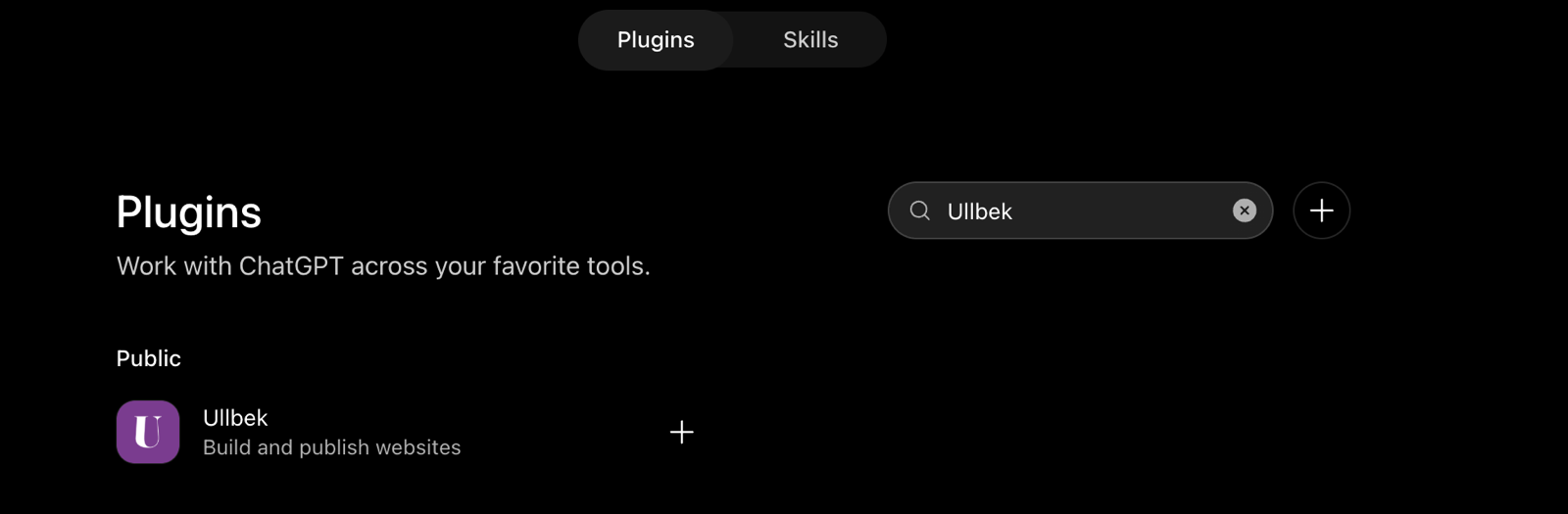 ChatGPT's Plugins page with 'Ullbek' typed into the search box, showing the public Ullbek plugin: Build and publish websites