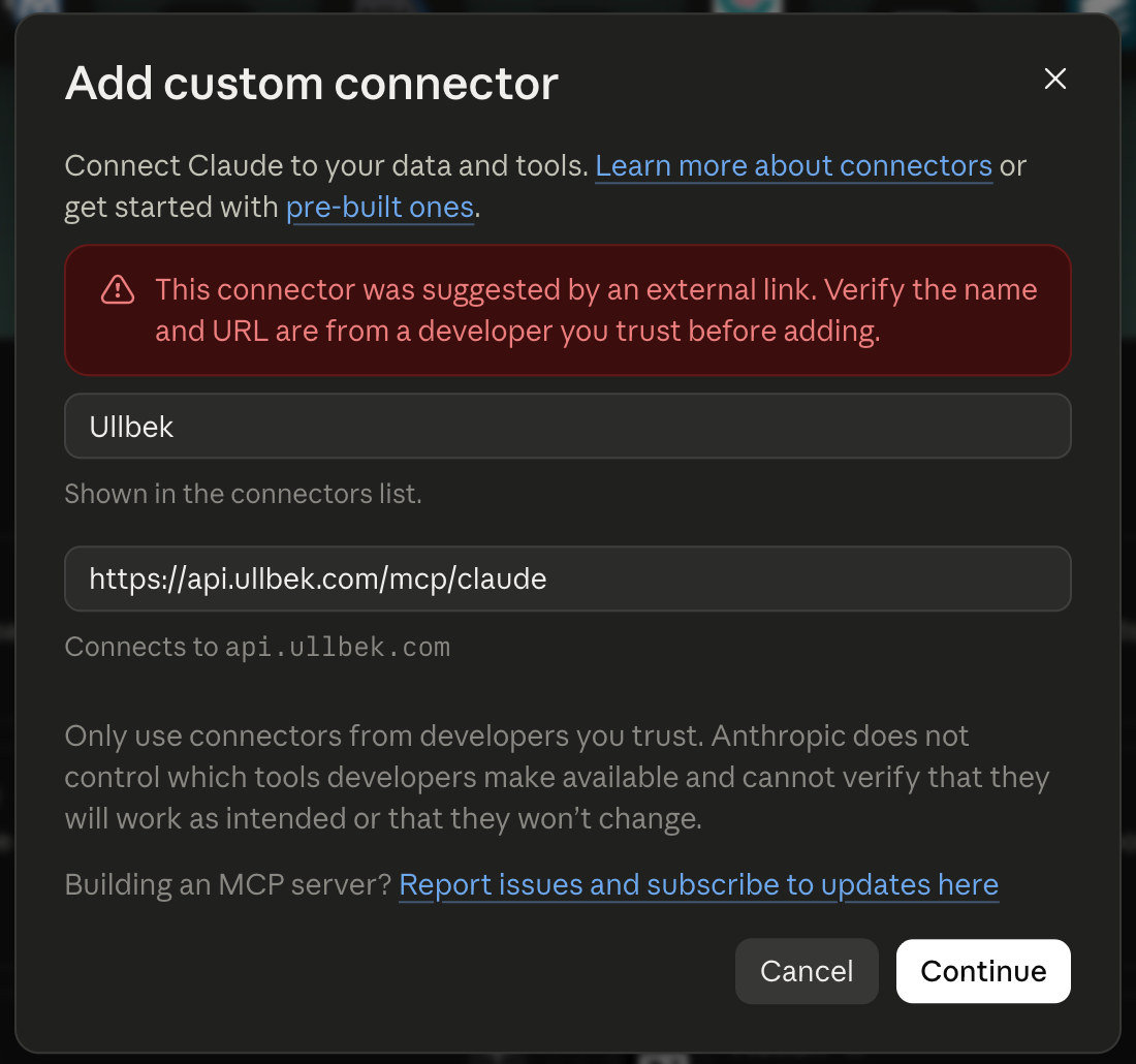 Claude's Add custom connector dialog with the name Ullbek and the address https://api.ullbek.com/mcp/claude filled in