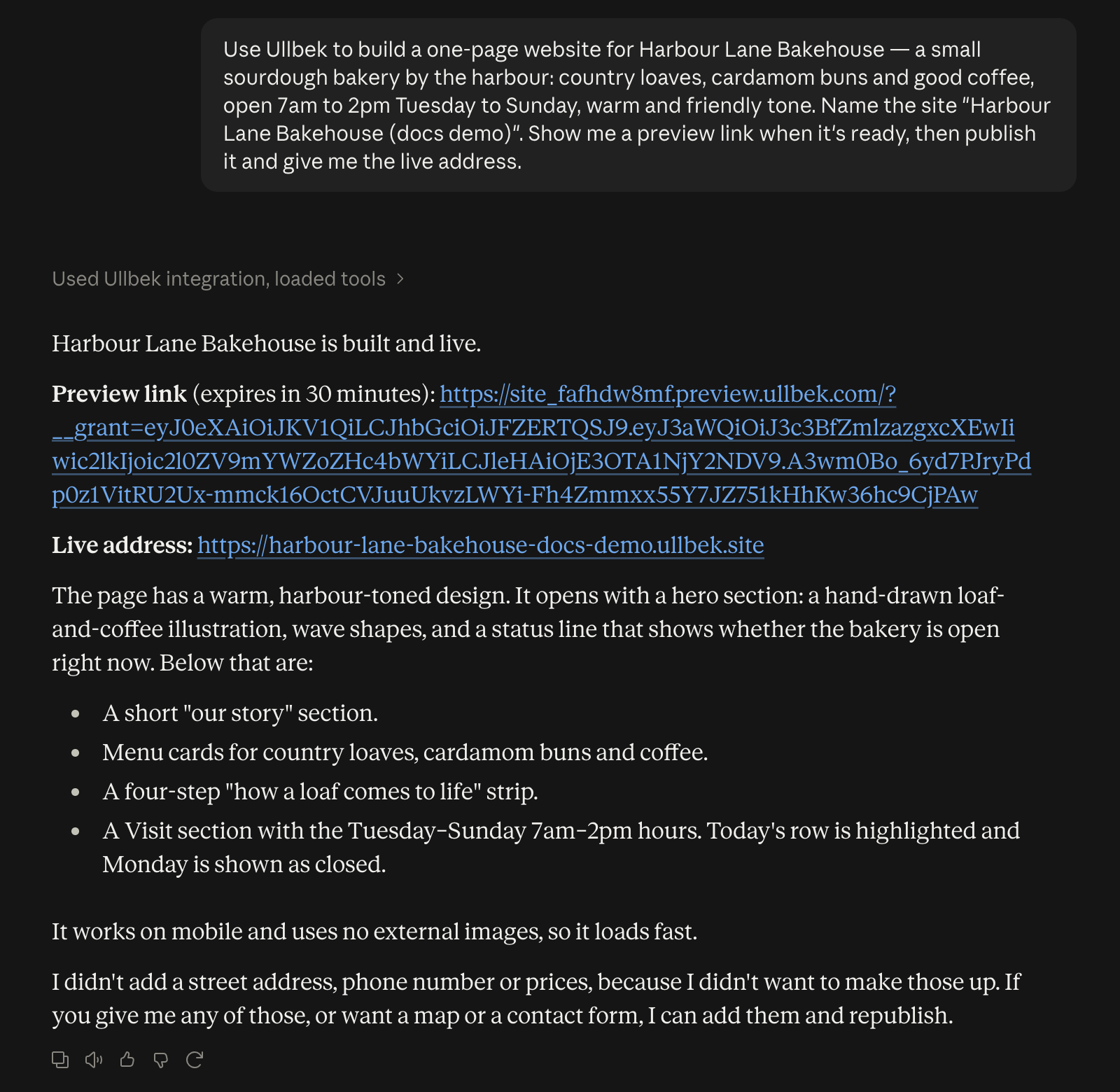 A Claude conversation: one message asking Ullbek to build a bakery website, and Claude's reply with a preview link, the live address and a summary of the finished page