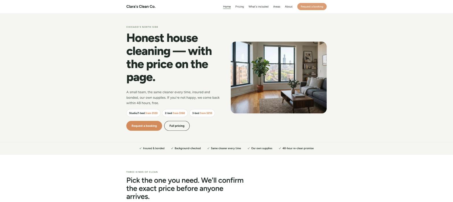 Clara's Clean Co. homepage: a bright, tidy Chicago apartment living room, the headline about honest house cleaning on the North Side, starting prices and a Request a booking button