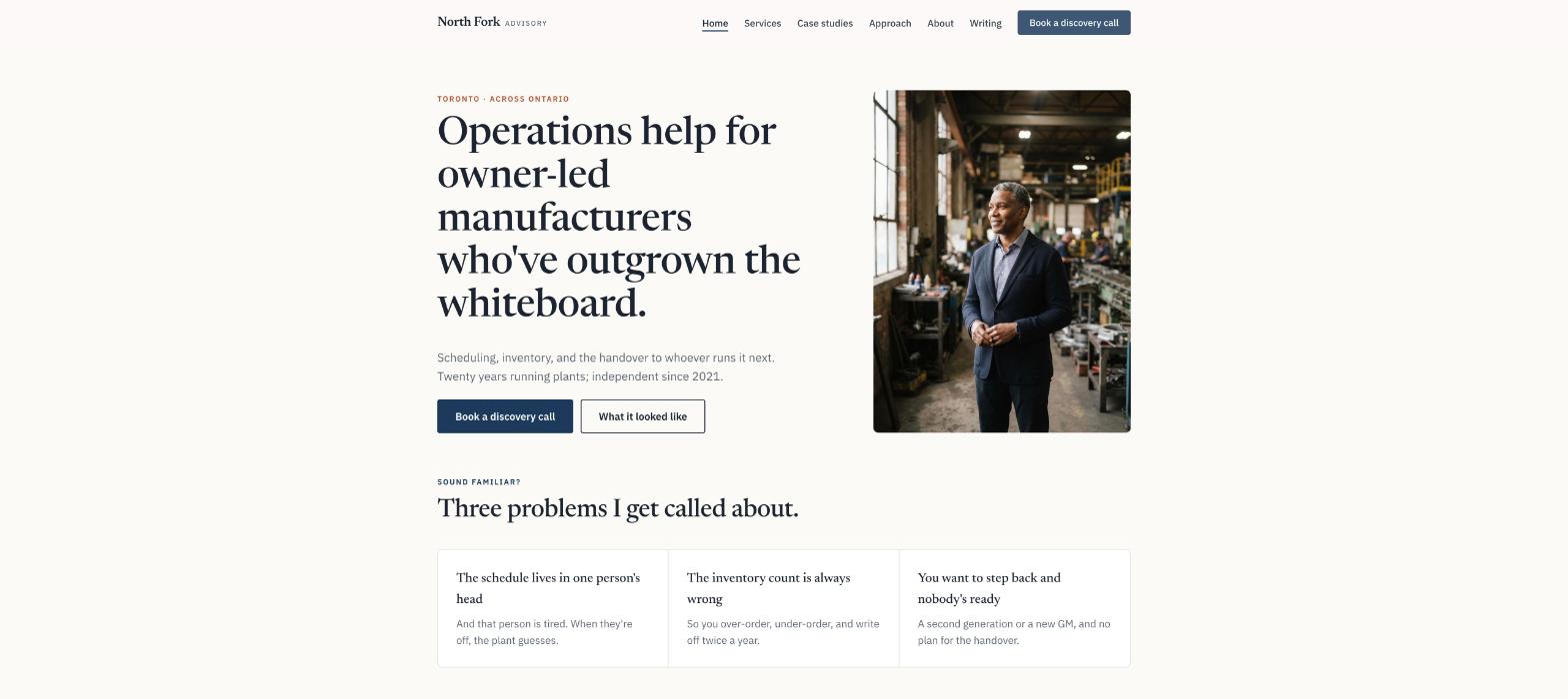 North Fork Advisory homepage: a calm portrait beside the headline about operations for small manufacturers, three service cards, and a Book a discovery call button
