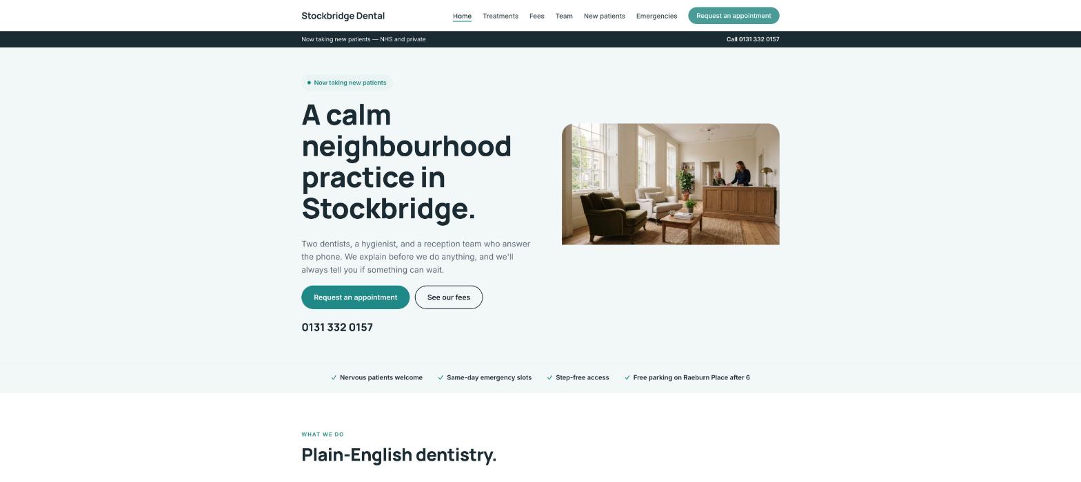 Stockbridge Dental homepage: a bright Georgian-townhouse reception, the headline about a calm neighbourhood practice, a new-patients-welcome note and a Request an appointment button