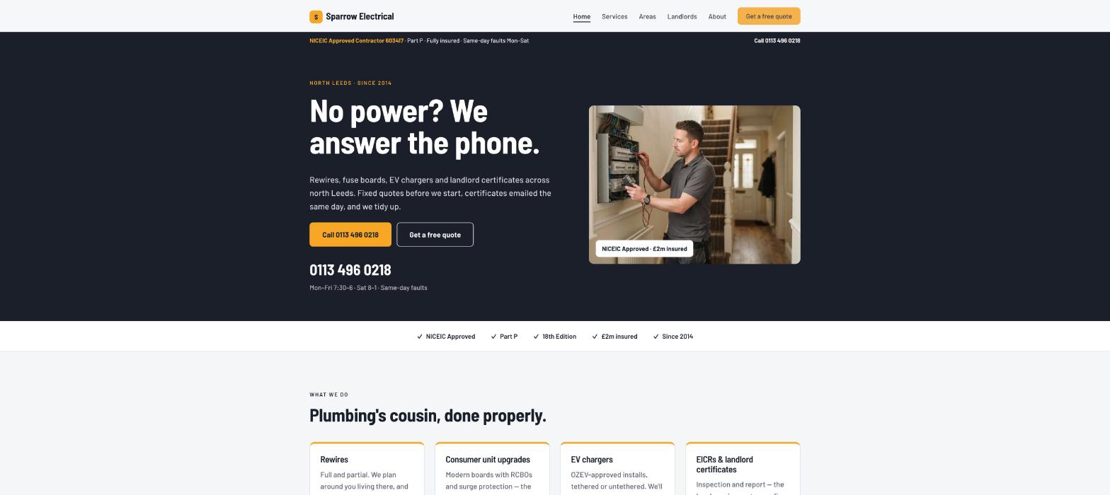 Sparrow Electrical homepage: the headline 'No power? We answer the phone.' with a call button, the phone number, certification line and a photo of the electrician at a consumer unit