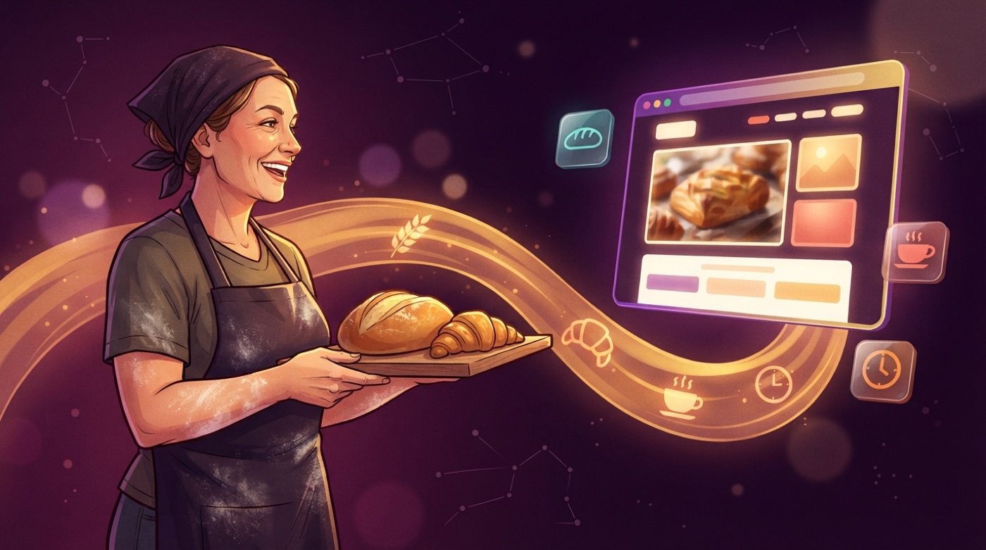Illustrated baker holding a board with a sourdough loaf and a croissant, a golden stream of wheat and coffee cups flowing to a glowing bakery website