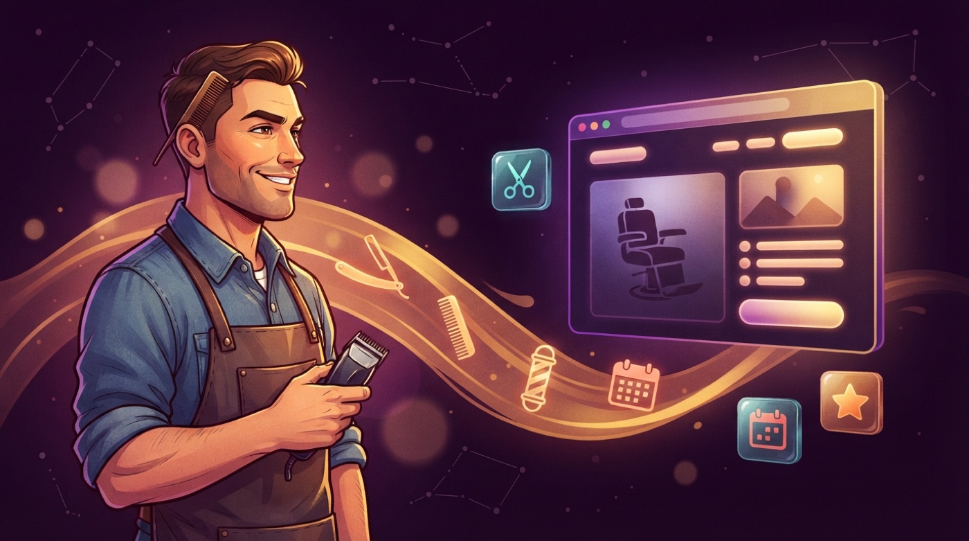 Illustrated barber in a leather apron holding clippers, a golden stream of razors and barber poles flowing to a glowing barber-shop website