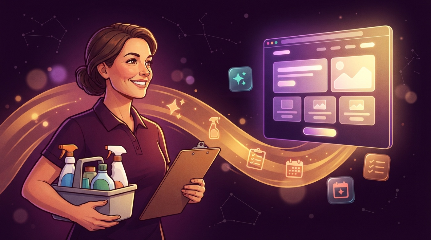 Illustrated cleaning business owner with a caddy of bottles and a clipboard, a golden stream of sparkles and checklists flowing to a glowing cleaning-service website