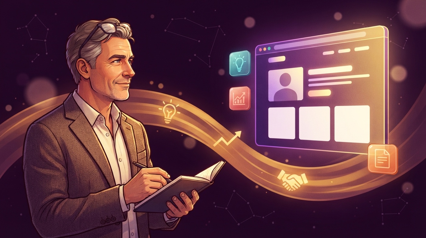 Illustrated consultant with a notebook and pen, a golden stream of lightbulbs and chart lines flowing to a glowing consulting website