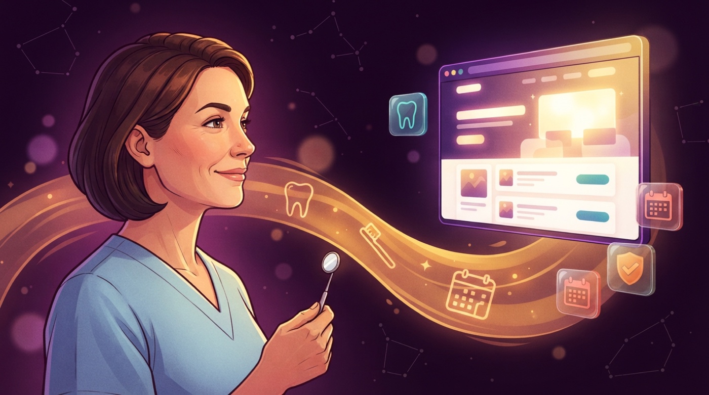 Illustrated dentist in a light-blue scrub top holding a dental mirror, a golden stream of tooth outlines and calendars flowing to a glowing clinic website