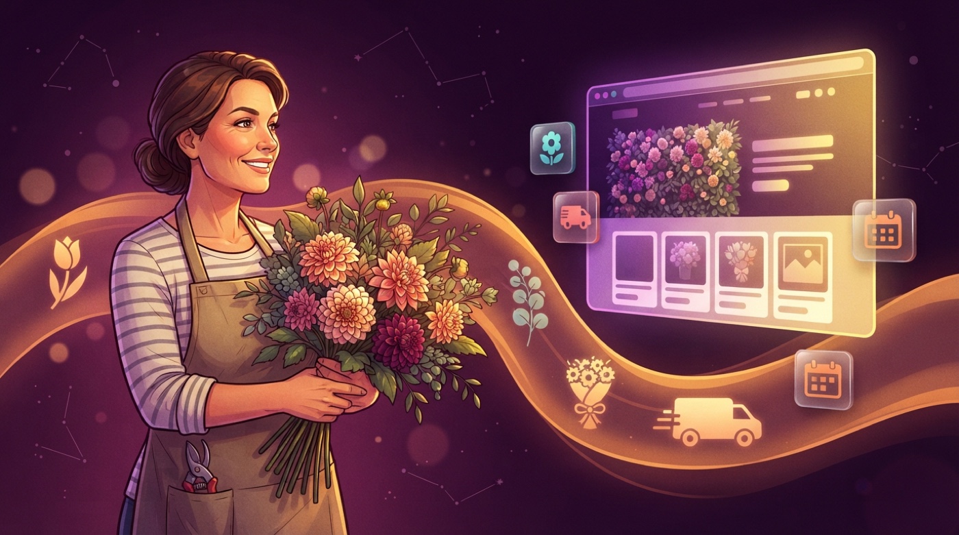 Illustrated florist in a canvas apron cradling an armful of dahlias, a golden stream of tulips and delivery vans flowing to a glowing flower-shop website