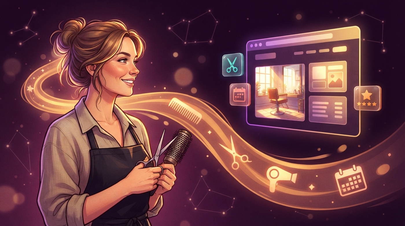 Illustrated salon owner with scissors and a round brush, a golden stream of combs and calendars flowing to a glowing salon website