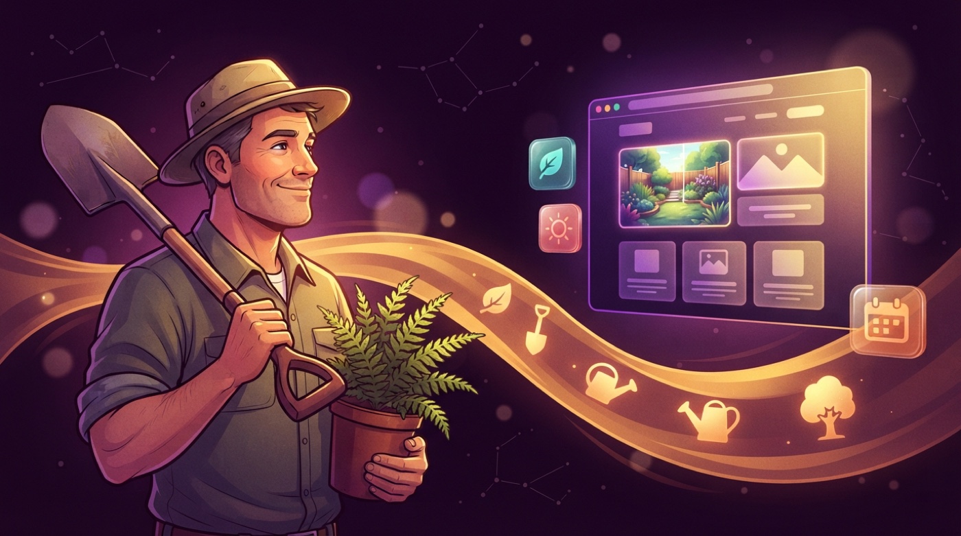 Illustrated landscaper in a sun hat with a spade over one shoulder and a potted fern, a golden stream of leaves and watering cans flowing to a glowing garden website