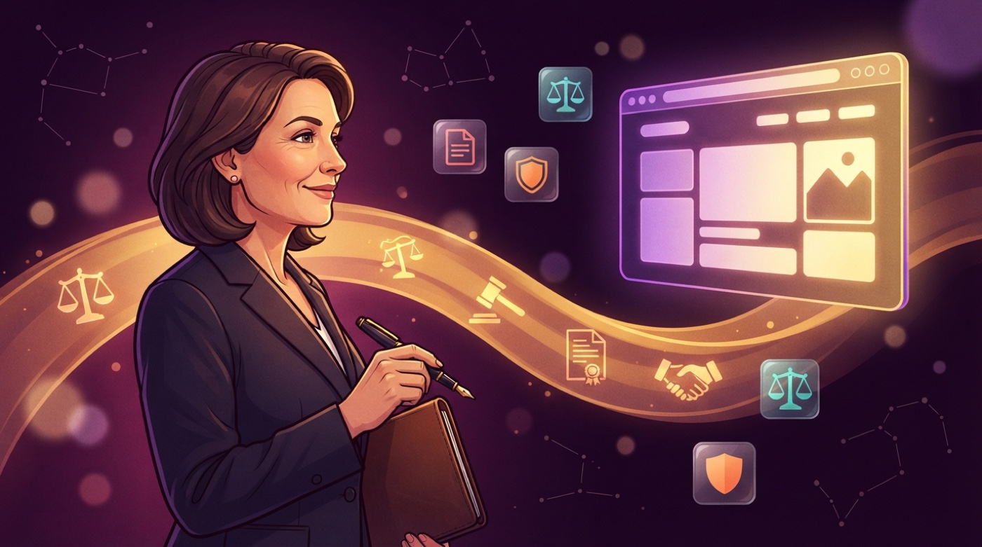 Illustrated lawyer in a dark suit with a leather folio and a fountain pen, a golden stream of scales and sealed documents flowing to a glowing law-firm website