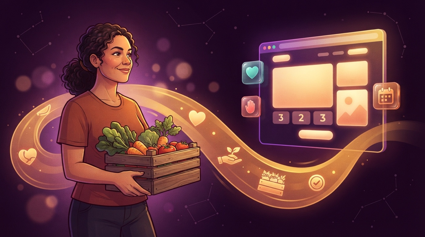 Illustrated community organiser holding a crate of fresh vegetables, a golden stream of hearts and seedlings flowing to a glowing nonprofit website