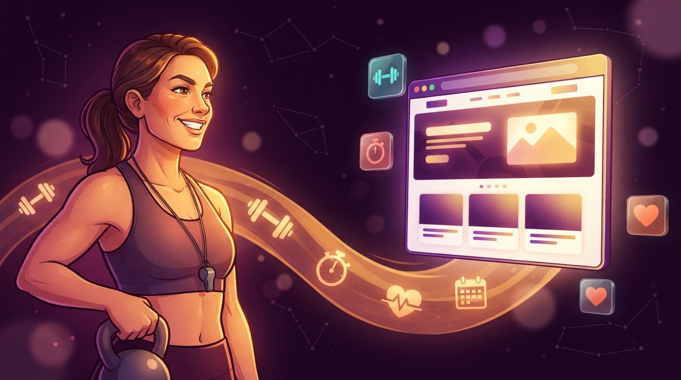 Illustrated personal trainer holding a kettlebell, a golden stream of dumbbells and stopwatches flowing to a glowing coaching website