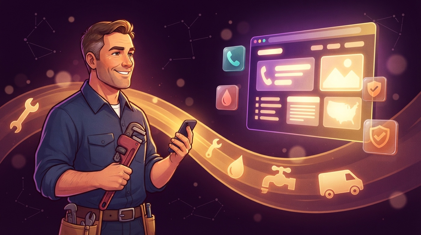 Illustrated family plumber with a pipe wrench and a phone, a golden stream of taps and vans flowing to a glowing plumbing website with a big call button