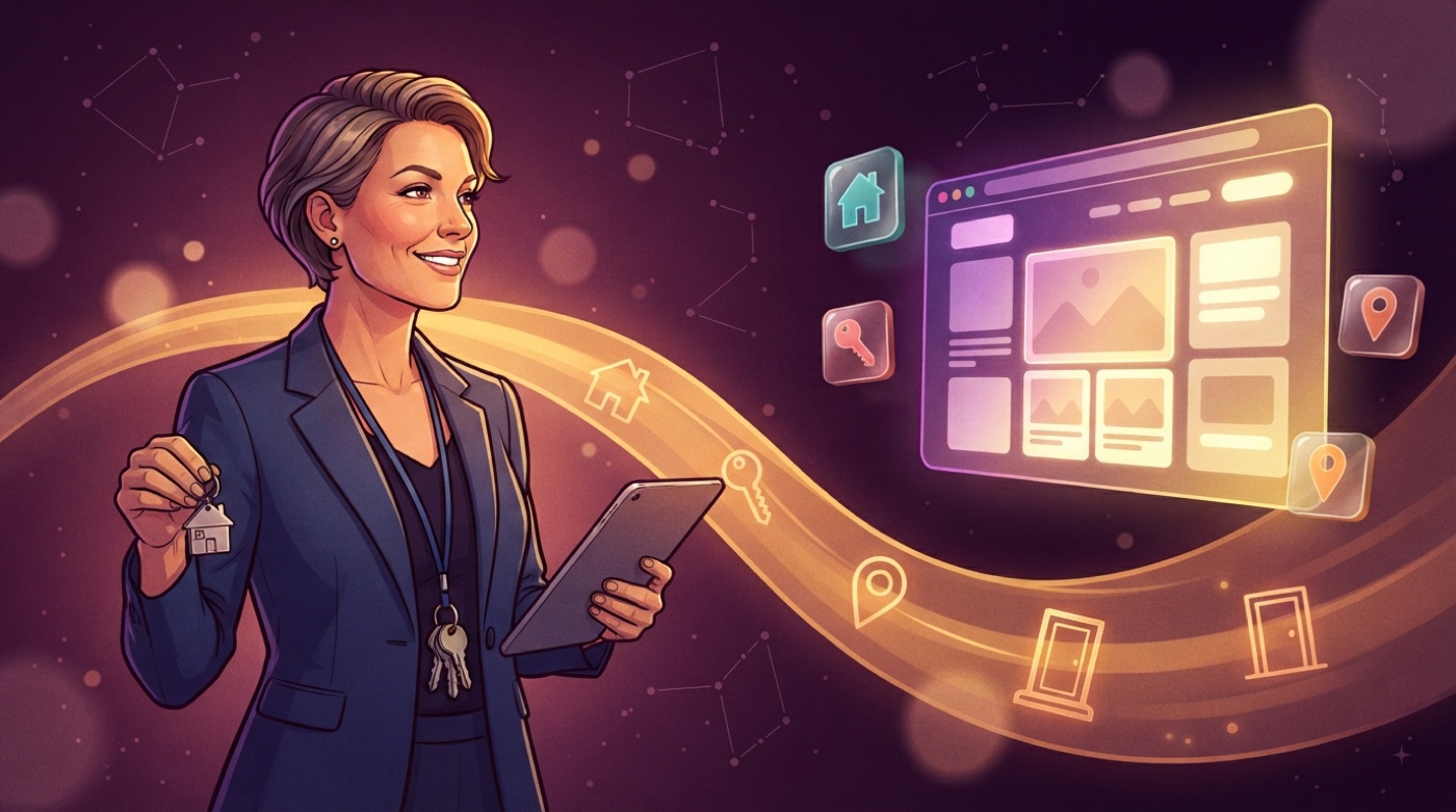 Illustrated real estate agent holding keys and a tablet, a golden stream of house outlines and map pins flowing to a glowing listings website