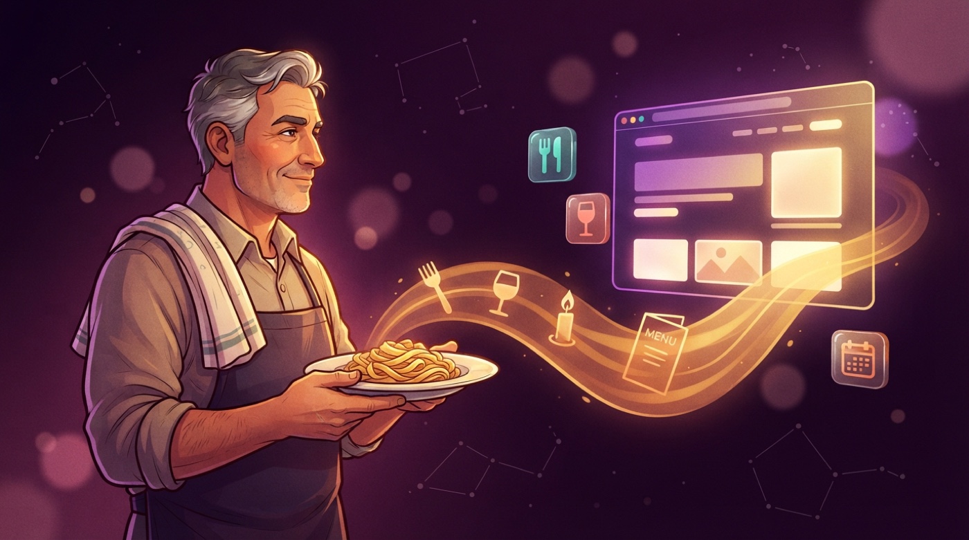 Illustrated chef-owner holding a plate of handmade pasta, a golden stream of dining symbols leading to a glowing restaurant website