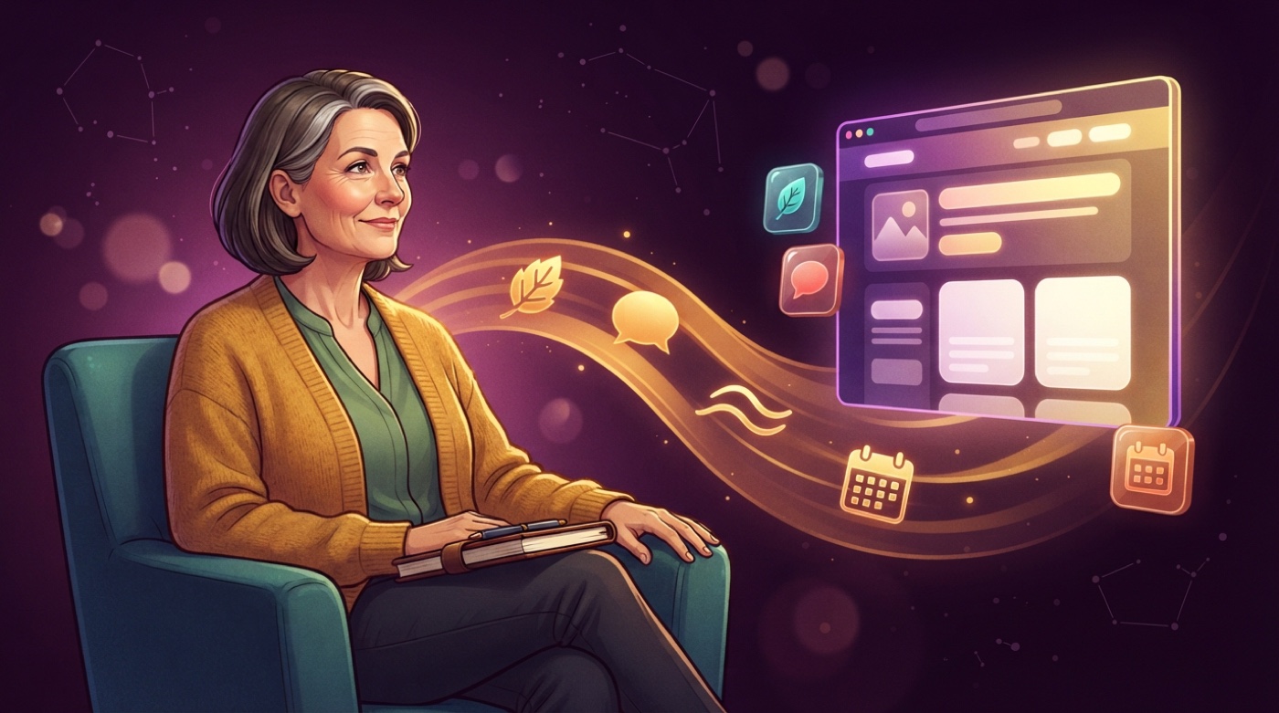 Illustrated counsellor seated in a comfortable chair with a notebook, a golden stream of leaves and speech bubbles flowing to a glowing counselling website