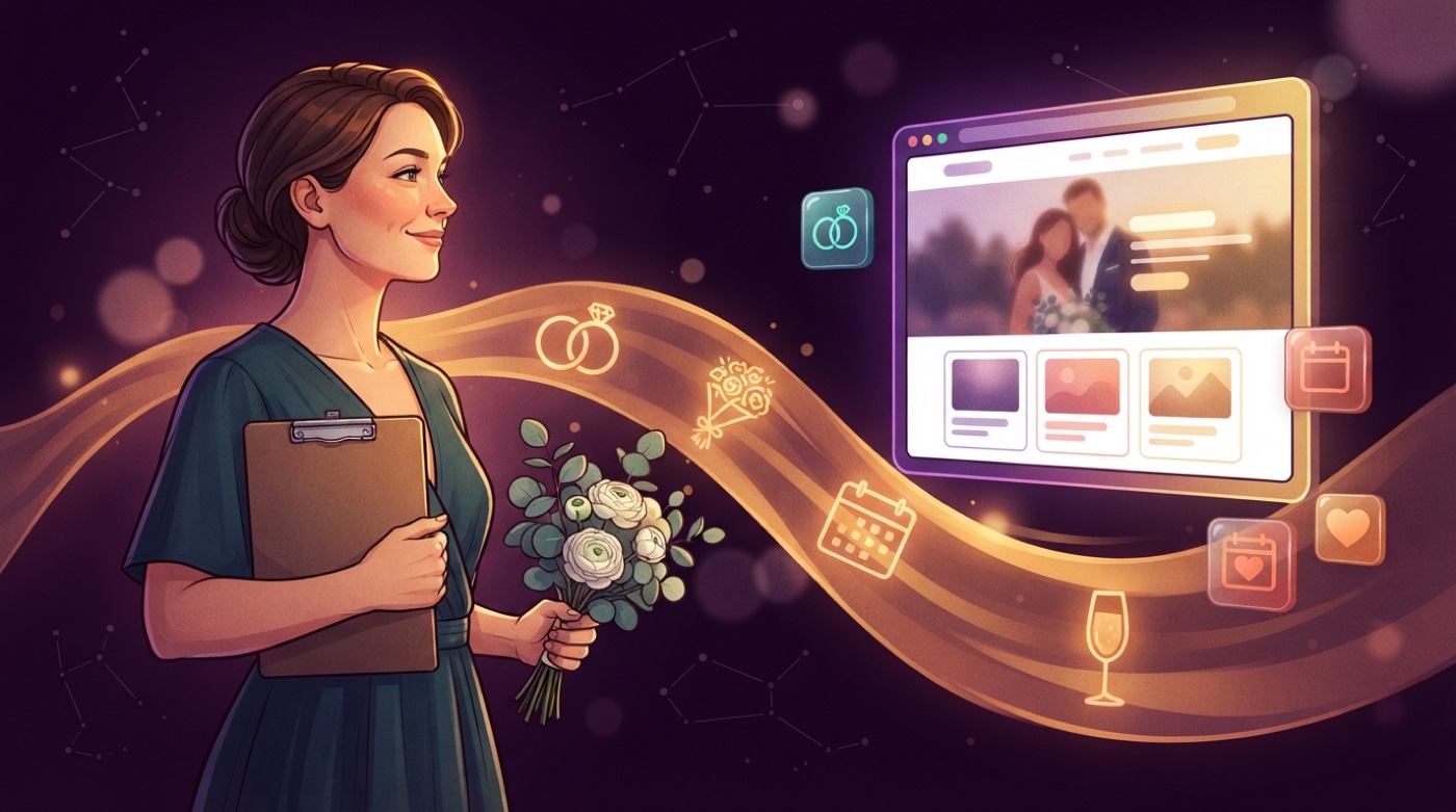 Illustrated wedding planner with a clipboard and a small bouquet, a golden stream of rings and calendars flowing to a glowing wedding website