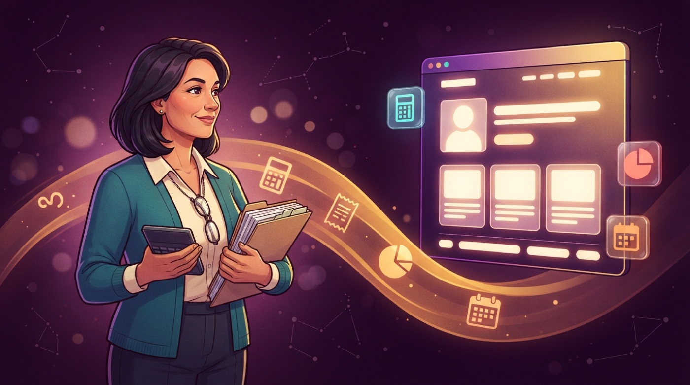 Illustrated accountant with a calculator and a stack of tabbed folders, a golden stream of receipts and pie charts flowing to a glowing accounting website