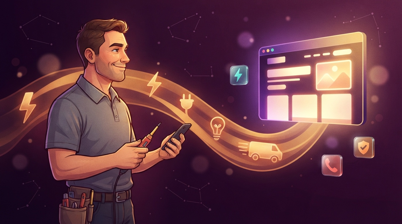 Illustrated electrician with a voltage tester and a phone, a golden stream of lightning bolts and plugs flowing to a glowing electrical-services website